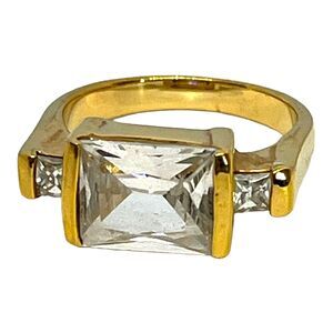 Vintage 1980s Rectangular CZ Ring Gold Tone Size 7 Statement - 5X
